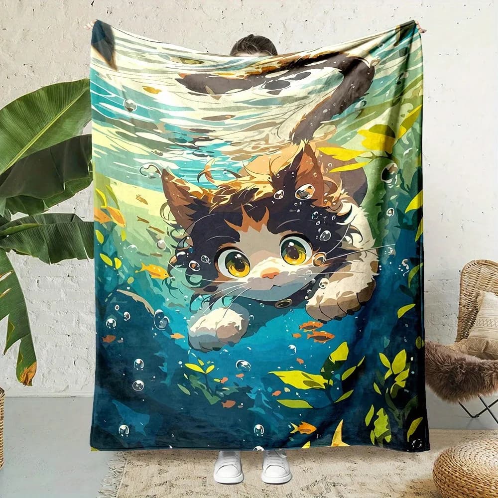 Cute pattern of a diving cat Flannel printed blanket suitable for all seasons suitable for living room office sofa and travel