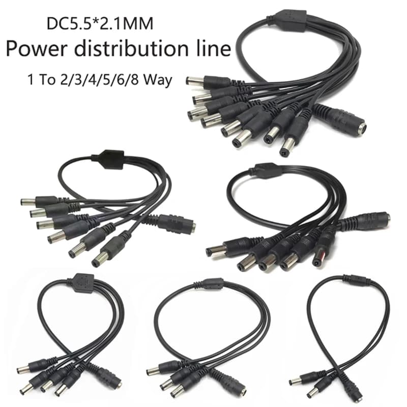 Cavo di Distribuzione Alimentazione DC 5.5*2.1MM da 1 a 2/3/4/5/6/8 Vie, Connettore Adattatore per Strisce LED, Telecamere CCTV, Monitor