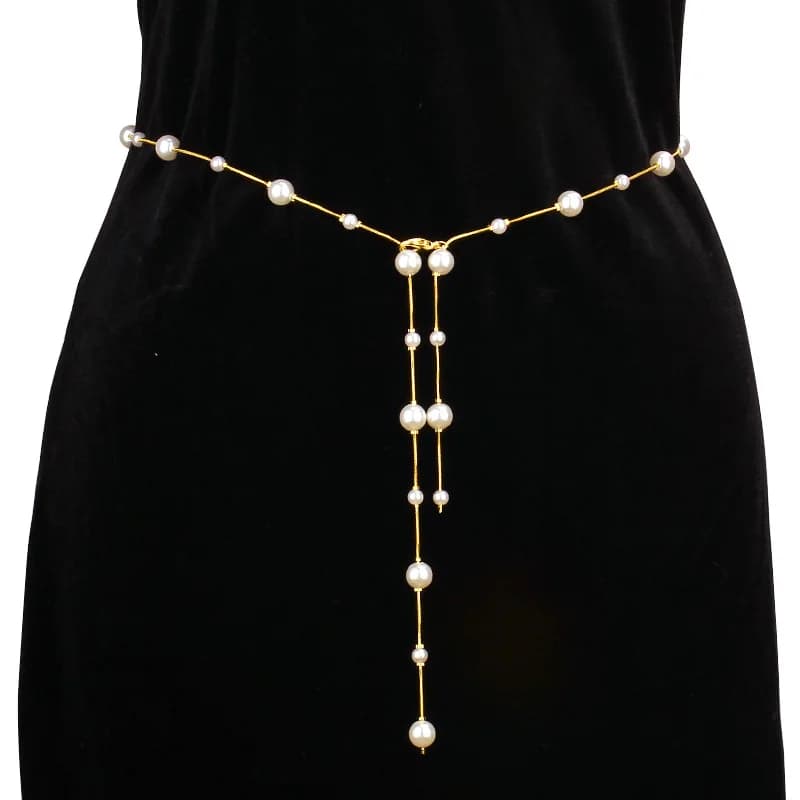 Dainty Long Tassel Pearl Waist Chain Gold Thin Wire Multi Size Round Pearl Cascading Drop Belly Belt For Knit Dress