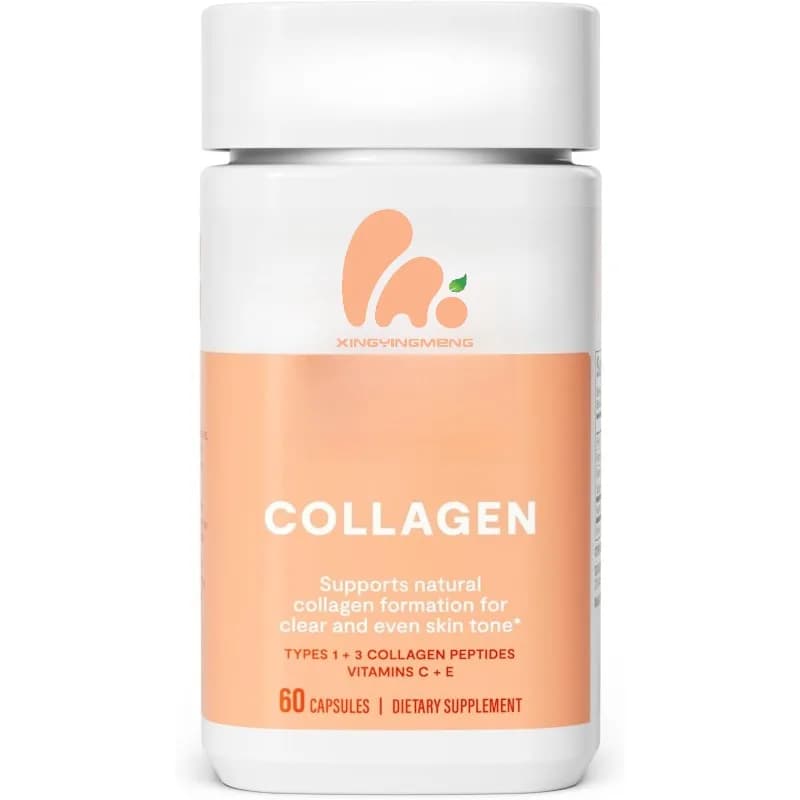 Collagen suplement contains 2000 mg of collagen peptides, vitamin C and vitamin E, skin, antioxidant support capsules