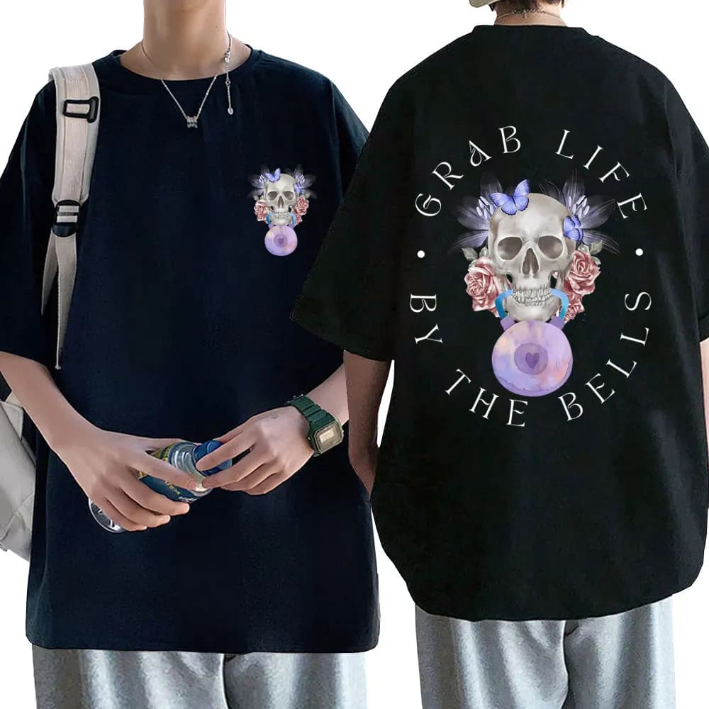 Grab Life By The Bells Gym Pump Cover T-shirt Men's Funny Kettlebell Skeleton Short Sleeve Male Fashion Casual Oversized Tees
