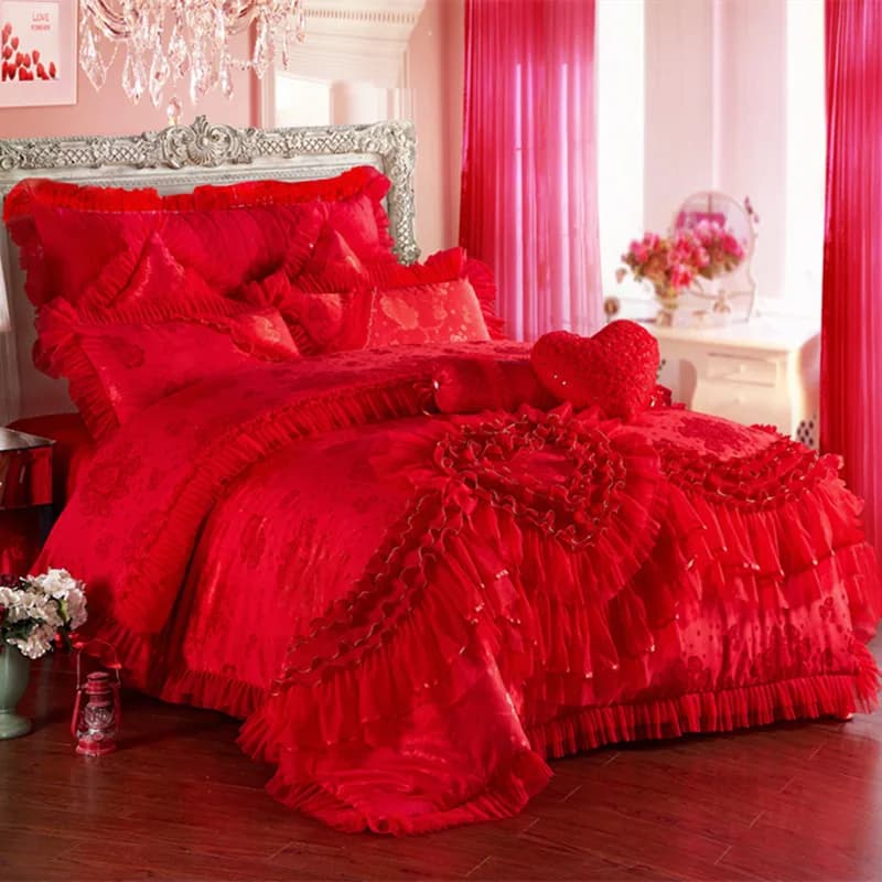 Set di Biancheria da Letto in Raso di Cotone Jacquard Rosso, Lussuoso Copripiumino a Forma di Cuore con Pizzo, Lenzuola e Federe per Matrimonio