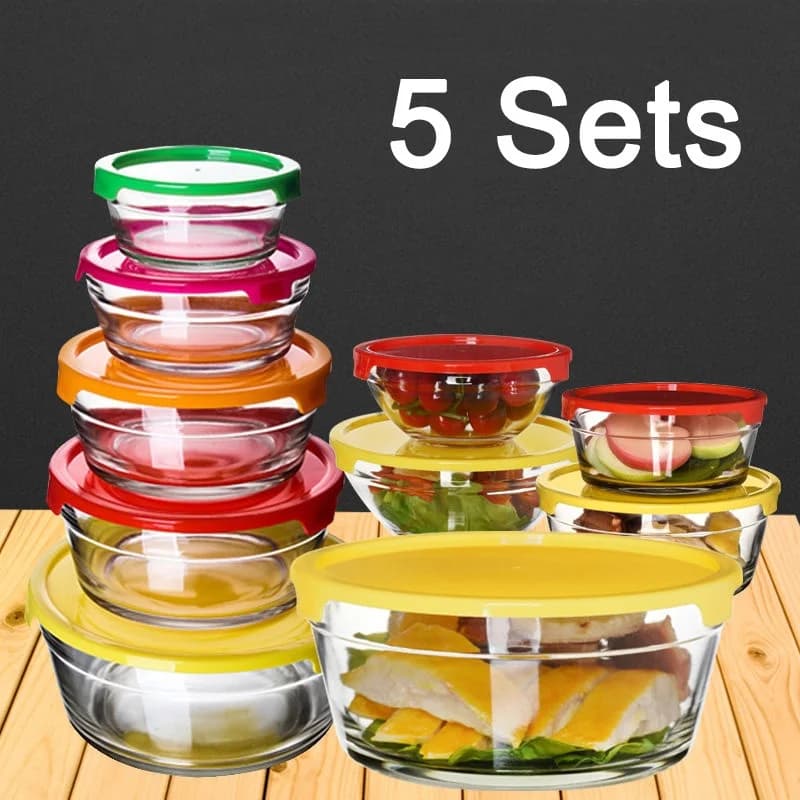 Set di 5 contenitori in vetro colorato per la conservazione degli alimenti con coperchi ermetici, adatti per la preparazione dei pasti e utilizzabili nel microonde.
