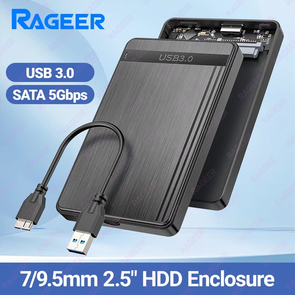 RAGEER 5Gbps 2.5" SATA HDD Enclosure USB3.0 To SATA 3.0 External Hard Disk Case for 7mm/9.5mm 2.5" HDD Support UASP Win LINUX