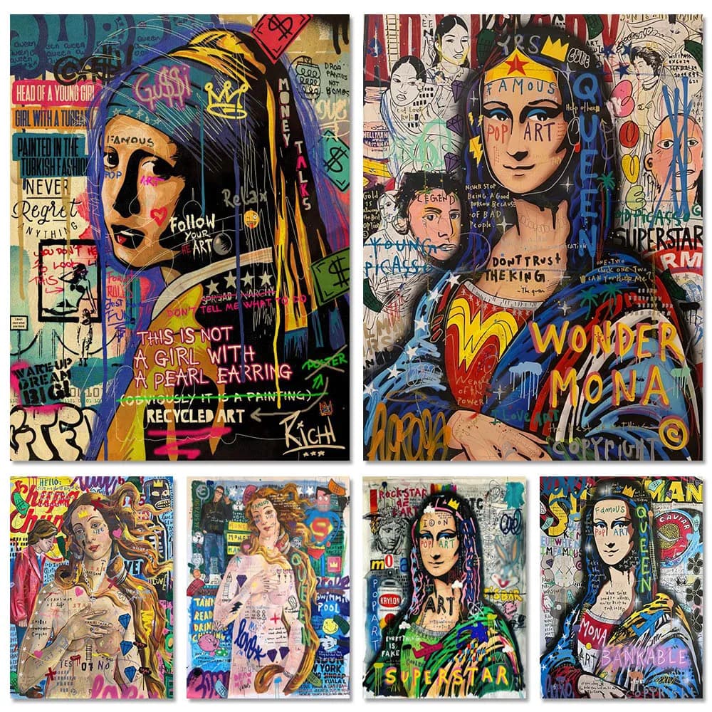 (No frame)Graffiti Pearl Maiden Mona Lisa Wall Art Poster Pop Mural Modern Home Decor Canvas Painting Pictures Prints Living