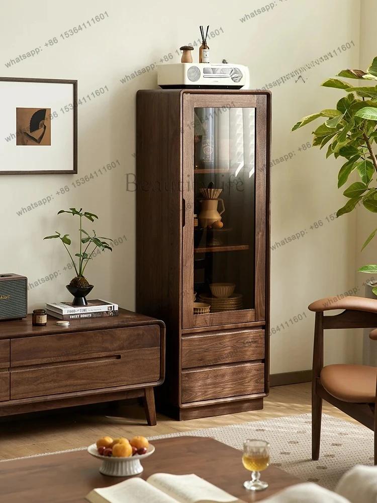 Armadietto per vino nordamericano in noce nera Armadietto verticale nordico semplice in legno massello Portaoggetti per esposizione in vetro per soggiorno domestico