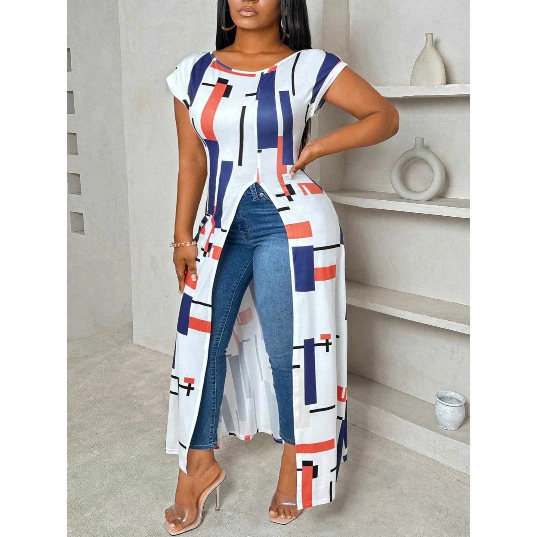 2025 New Women's Geometric Print Dress European Style A-Line Skirt Three-Quarter Sleeve Casual Dress for Dance Yoga Beach Cam...