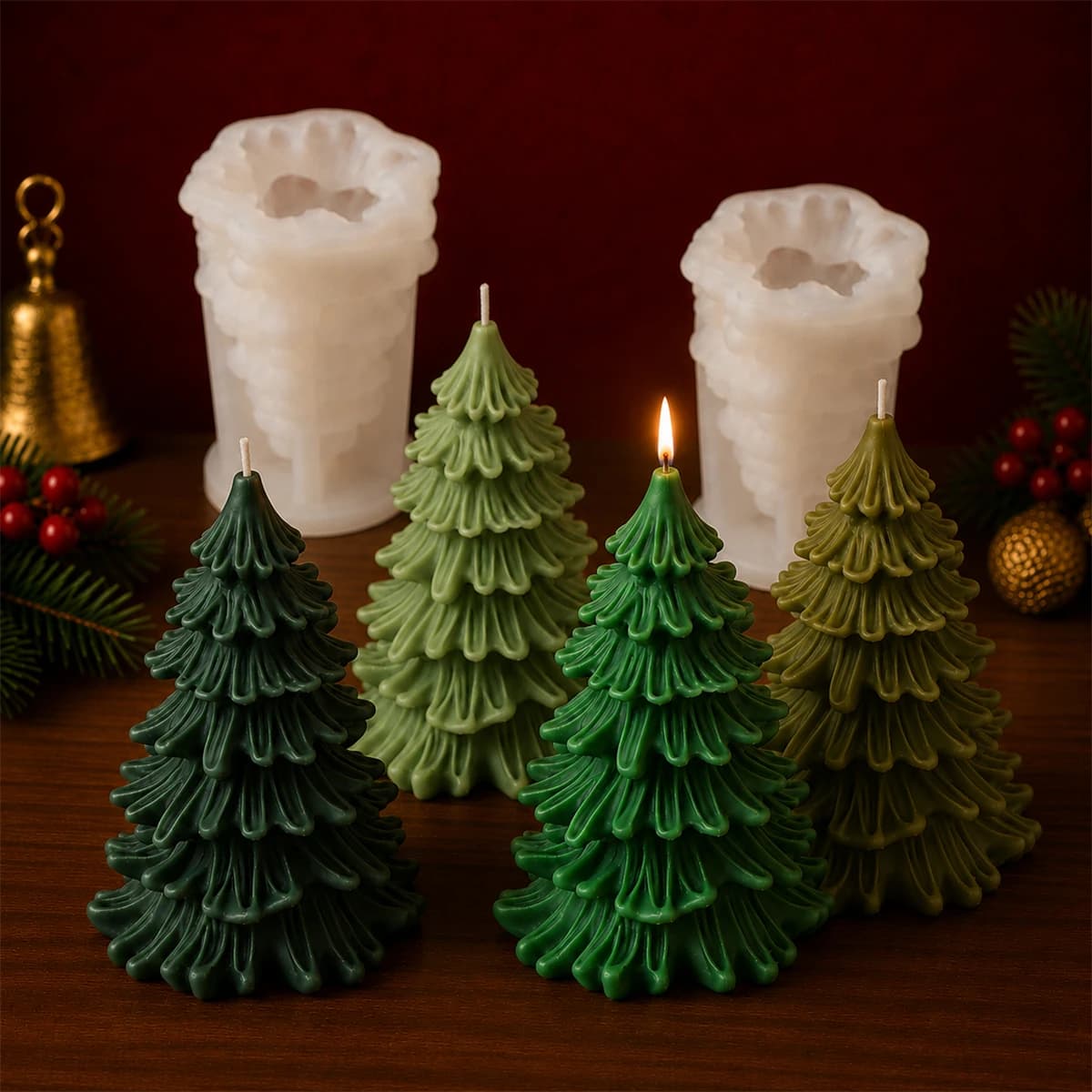 2PCS 3D Christmas Tree Candle Mold, Silicone Pine Tree Candle Making Molds for DIY Candle Plaster Soap, Xmas Holiday Home Decor