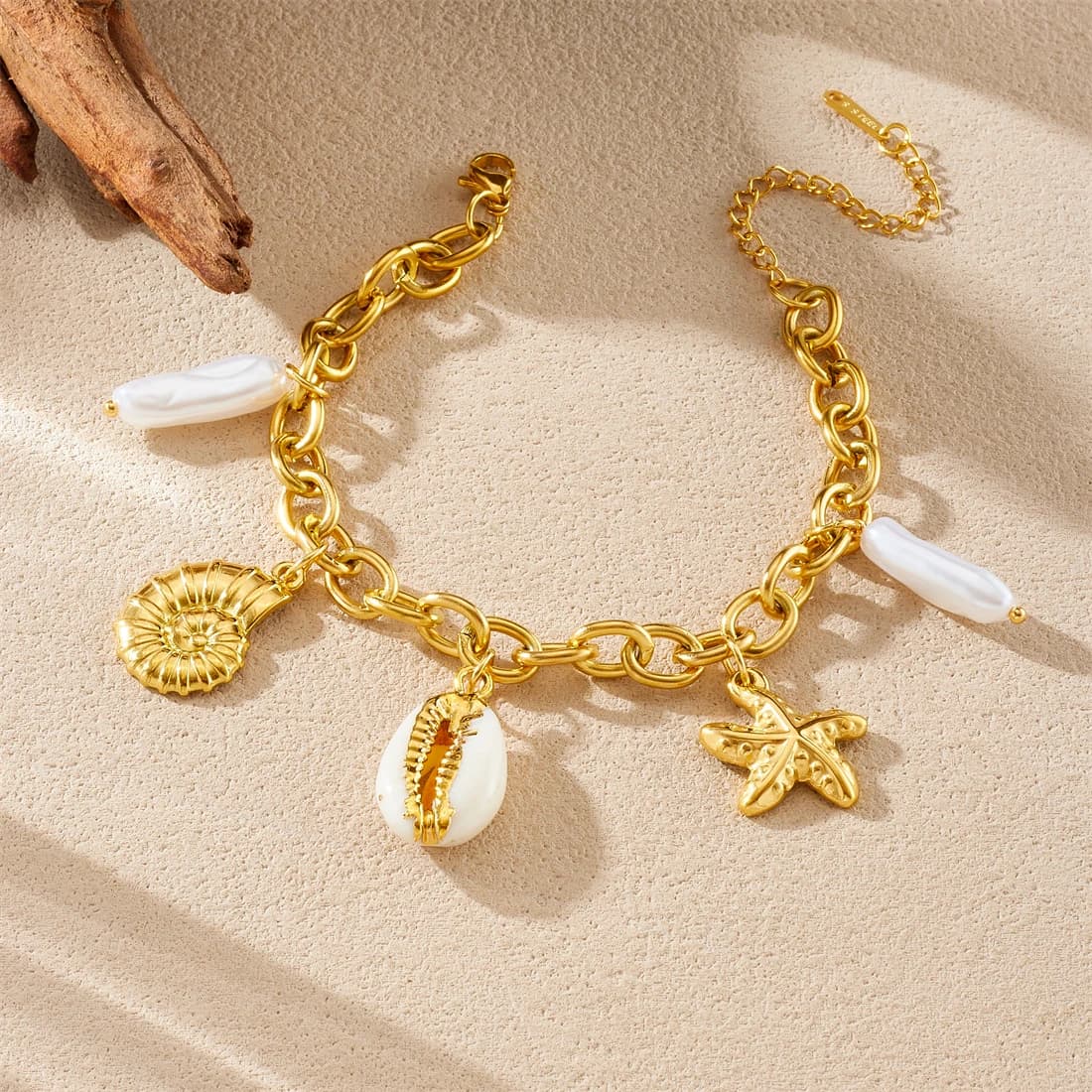 LAMENGLY Acciaio inossidabile 316L Luce di lusso Perla Stella marina Conchiglia Bracciale con ciondoli Donna Vacanza estiva Catena da polso Regali di gioielli