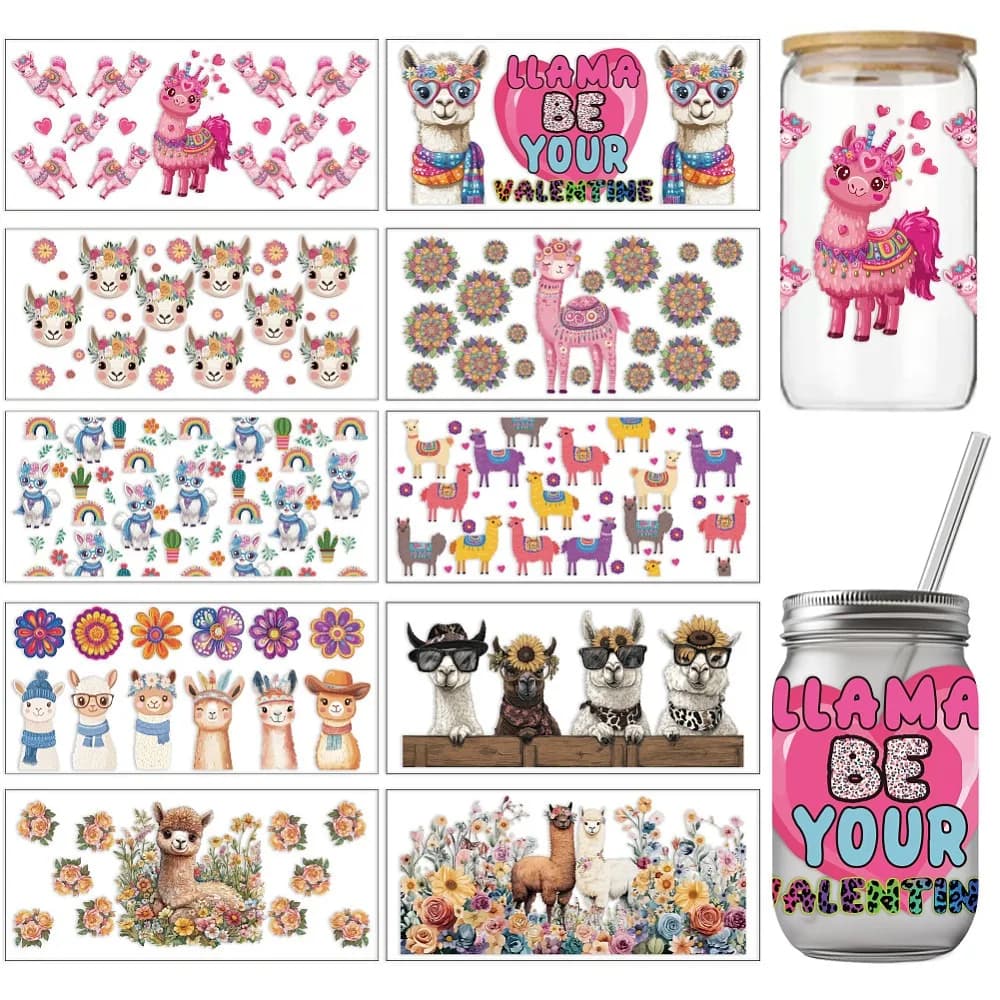 PVC DIY Heat Transfer Paper for UV Sublimation Cup Alpaca 110x240mm 10 style 1pc/style 10pcs/set