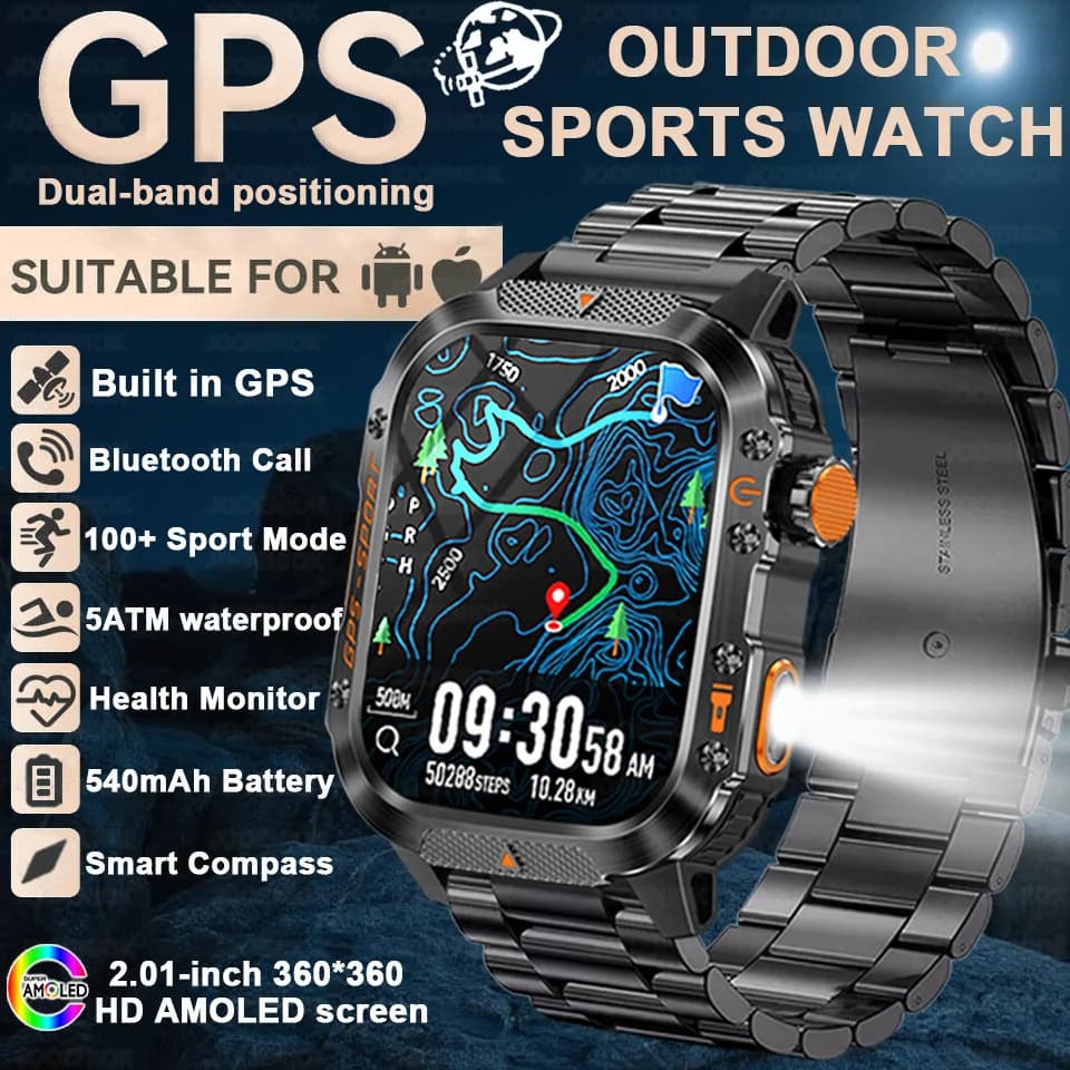 Orologio intelligente militare per esterni da uomo, GPS, torcia, chiamata Bluetooth, schermo da 2,01 pollici, 3ATM, impermeabile, sportivo, per Android IOS