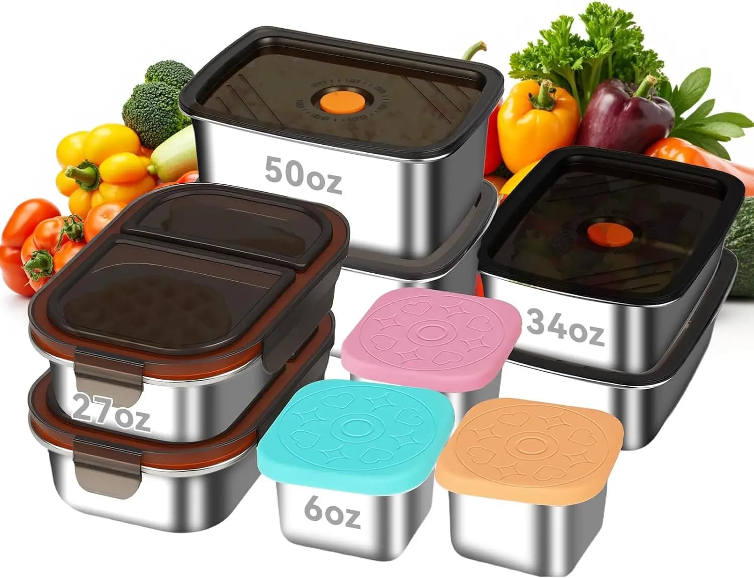Set di 9 Contenitori per Alimenti in Acciaio Inox, Ermetici e a Prova di Perdite, Adatti per Forno/Lavastoviglie/Congelatore, per Preparazione Pasti