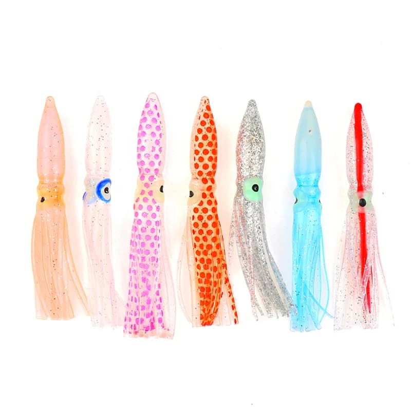 10 pz/lotto Gonne di Calamari Luminose Richiamo Morbido Richiamo di Pesca Notturno Glow Esca di Gomma