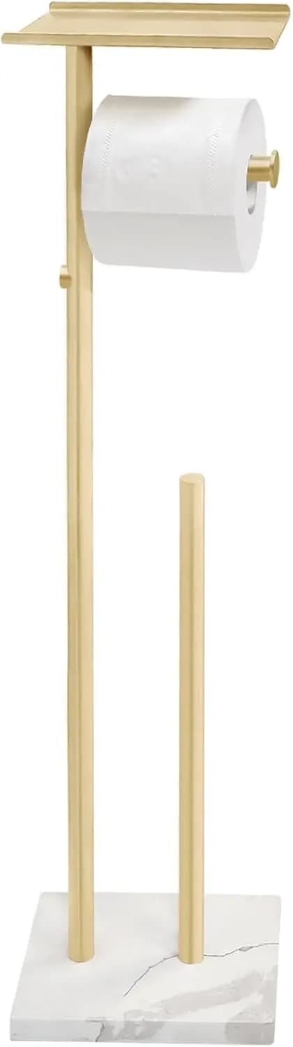Portarotolo per Carta Igienica in Acciaio Inox Spazzolato Oro con Mensola, Base in Marmo, 2 Dispenser, Supporto per 5 Rotoli