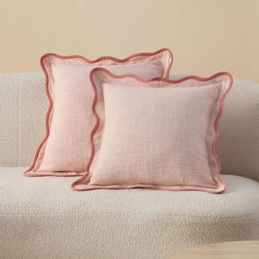 Set di 2 Federe Decorative in Cotone con Bordo Ondulato, 20x20, Realizzate a Mano in India, Rosa Conchiglia, Perfette per Divano o Arredamento Soggiorno