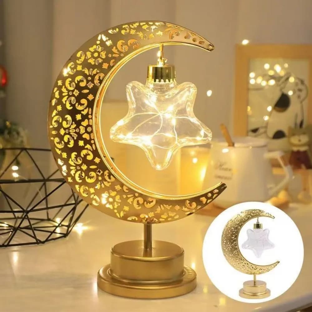 Lampada da scrivania a stella e luna sospesa a LED da 1 pezzo, alimentata da 3 batterie AA (escl), adatta per camera da letto, soggiorno e decorazione Ramadan