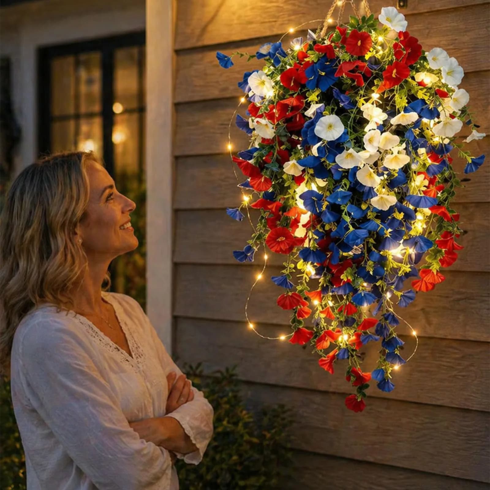 Patriotic Hanging Flower Baskets Multi-Use Artificial Hanging Plants Red White and Blue for Veterans Memorial Day Patio Home