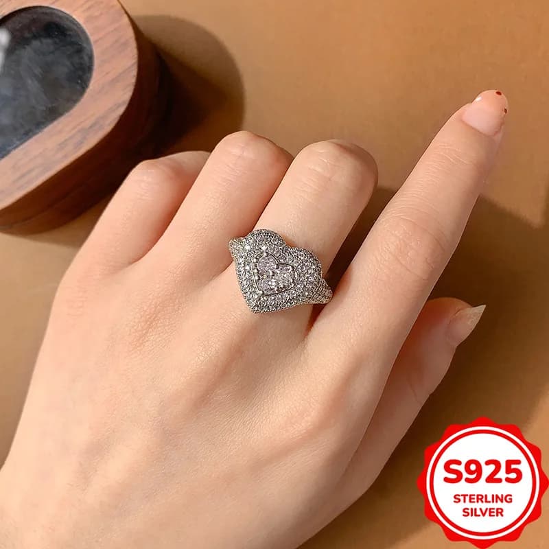 Anello da Donna Lussuoso ed Elegante in Argento S925 Autentico con Diamanti a Forma di Cuore