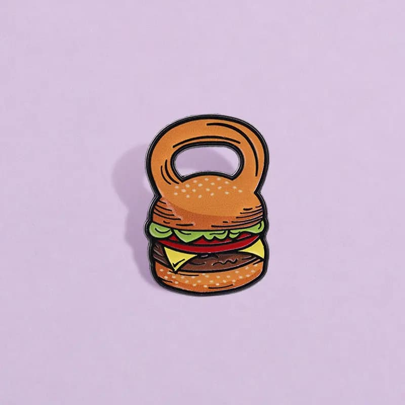 Burger Kettlebell Enamel Pin Funny Fitness Food Mashup Brooches Gym Humor Lapel Badge Quirky Gift For Boys