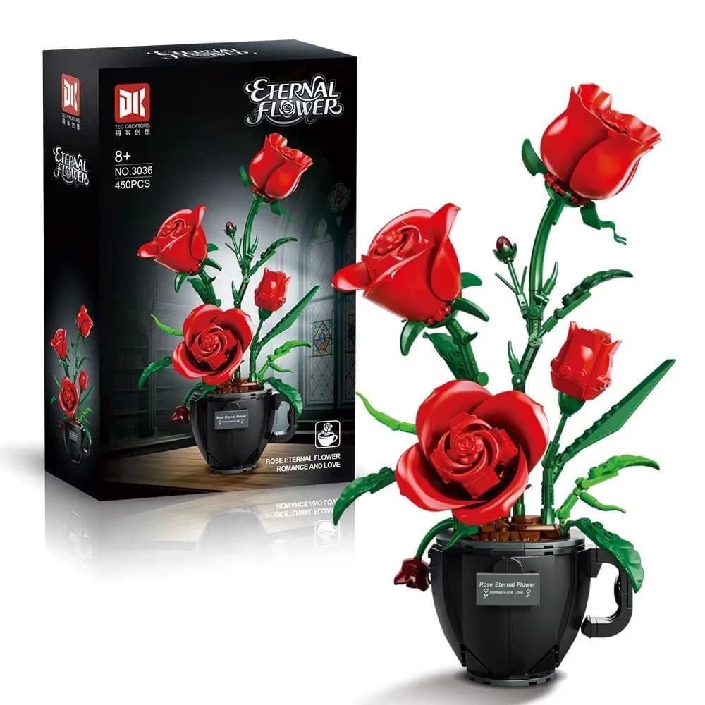 450 Pezzi Set Creativo di Rose in Tazza, Ornamenti per Bouquet, Gioco Educativo di Costruzione a Blocchi, Regalo, Decorazione Floreale per la Casa