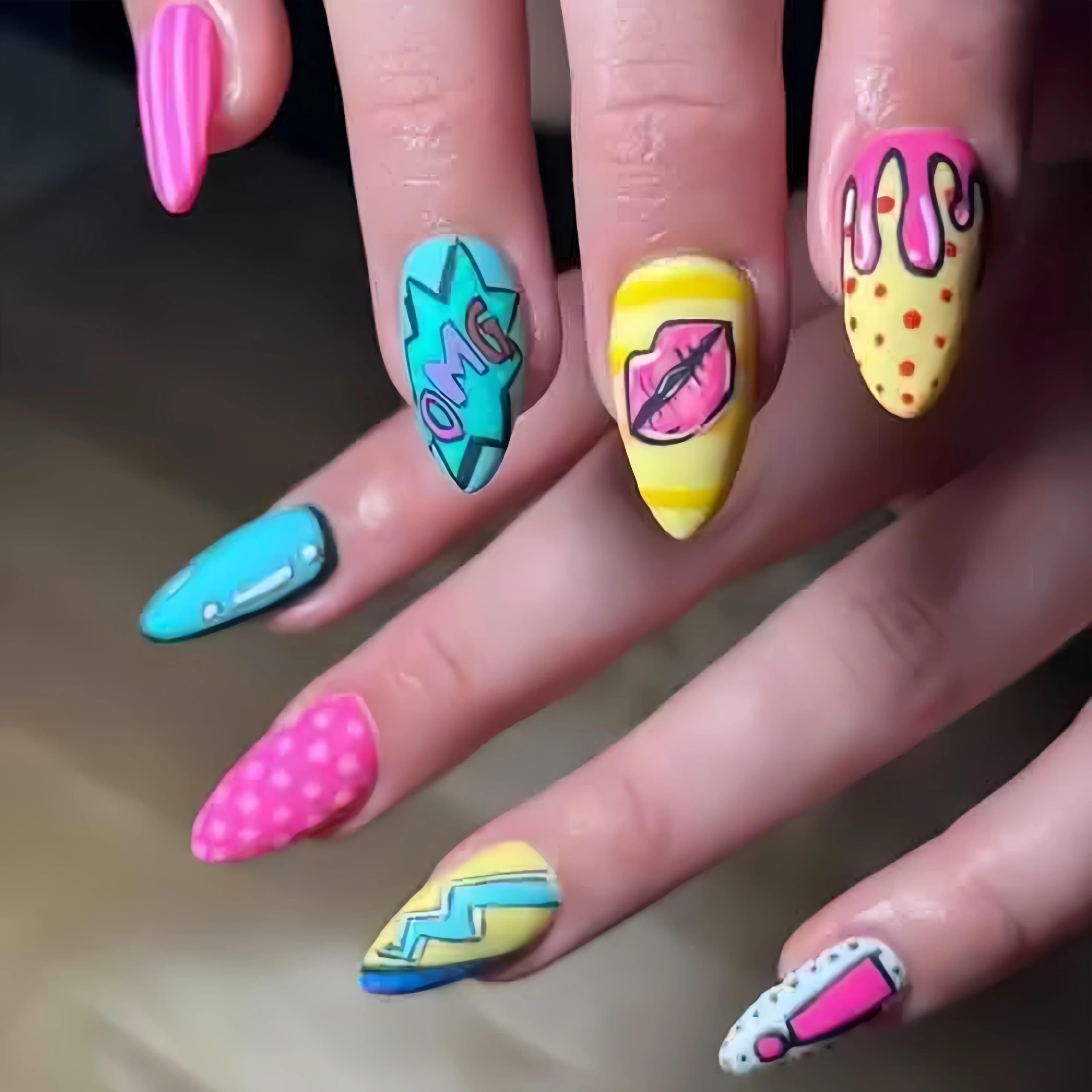 24-Piece Nail Art Set, American Comic Style Color-Blocking Omg Graffiti Almond Nails, Hip-Hop Trendy Personalized Hand-Painted Finished Nails, Glossy Removable Nail Pieces