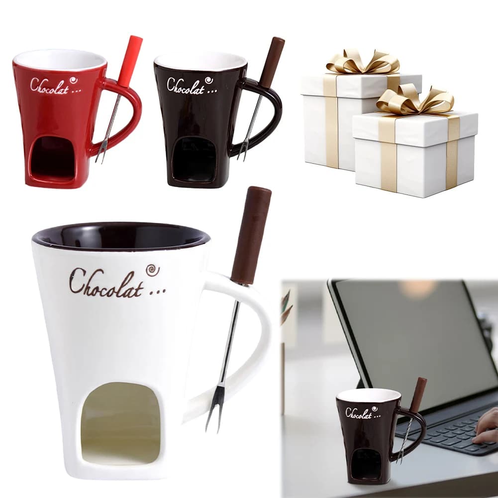 Tazza per candele Riscaldamento per alimenti Tazza in ceramica con forchetta Tazza per cioccolato in ceramica Tazze per fonduta personale per datteri notturni Compleanno e regali di nozze