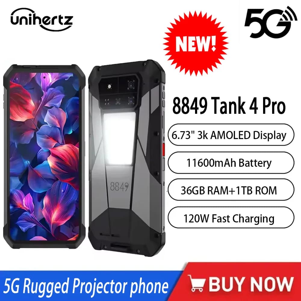 Unihertz 8849 Tank 4 Pro Proiettore robusto 5G Smartphone Android 6.73" Dimensity 8300 CPU Display AMOLED 3k 36 GB + 1 TB NFC mobile