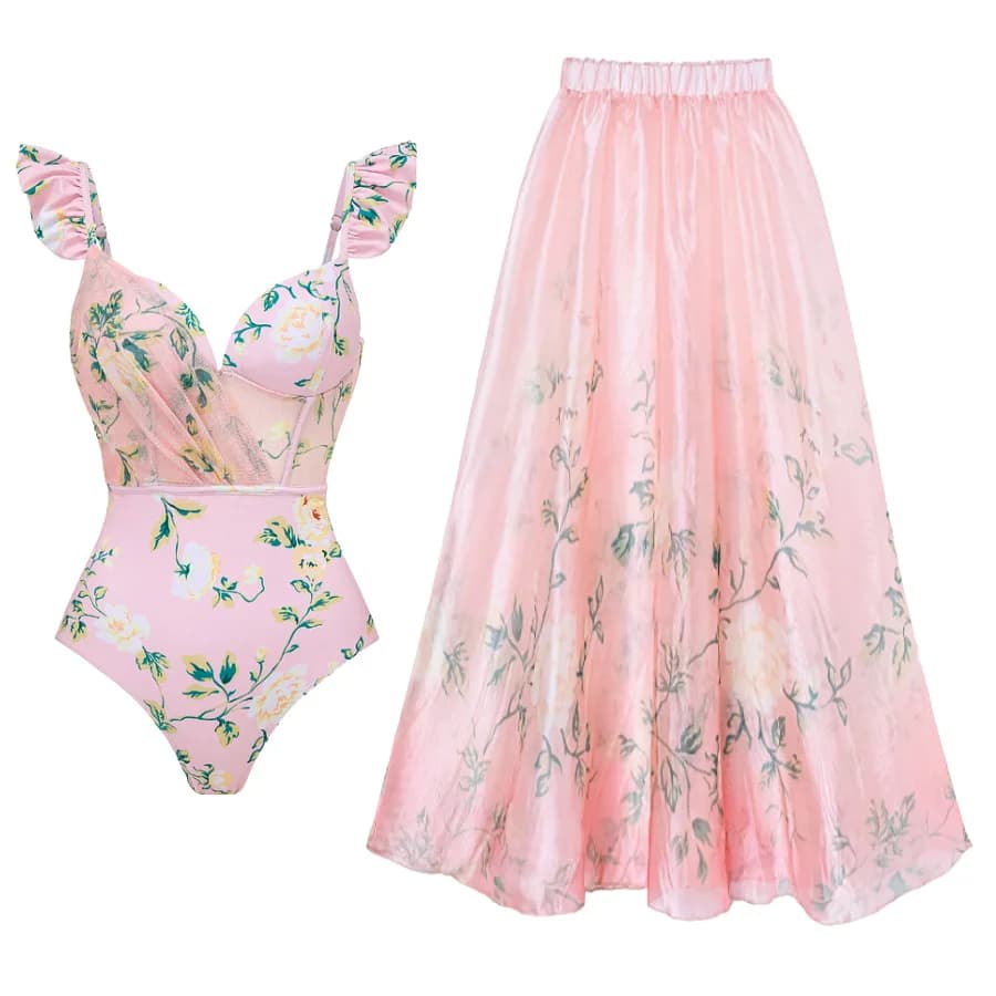 One-piece Women Sweet Pink Floral Petals With Ruffle Swimsuit Bodysuit Bikini Set Beach Vacation Style Wear Maxi Dress Skirt