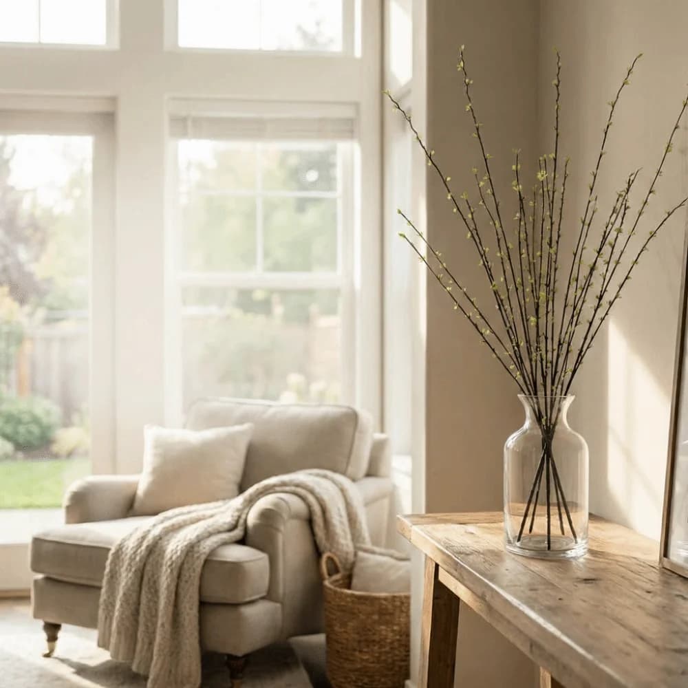Artificial plum branches with long stem, floating branches, fake leaves, simulated green plants, real touch willow plants for the house.