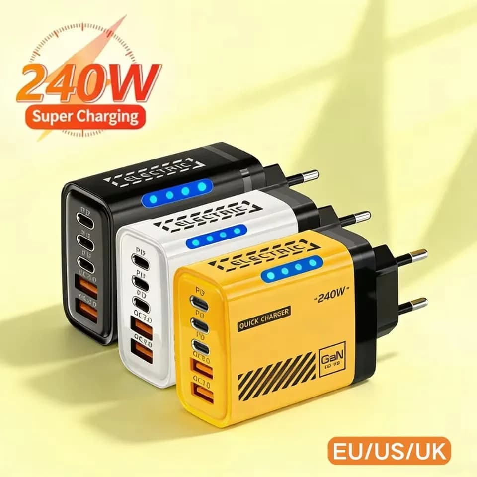 Caricatore Super Veloce da 240W 5 in 1 con Luce LED, Adattatore Caricatore Telefono GaN a 5 Porte con Cavo da 10A per iPhone Xiaomi, Spina EU/US
