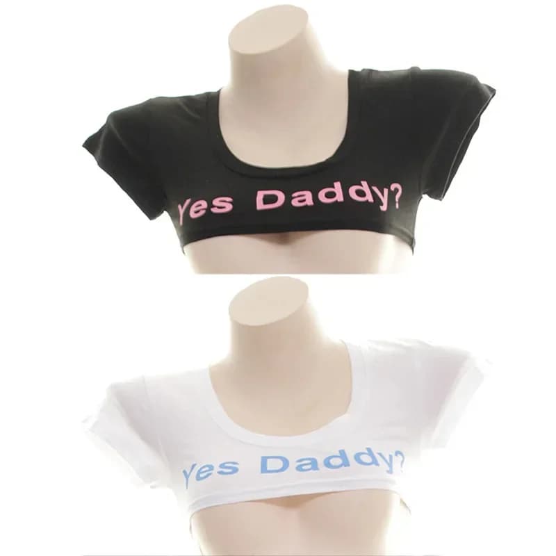 Costume Cosplay Yes Daddy, T-Shirt Corta Sexy con Stampa di Lettere, Manica Corta, Nero e Bianco