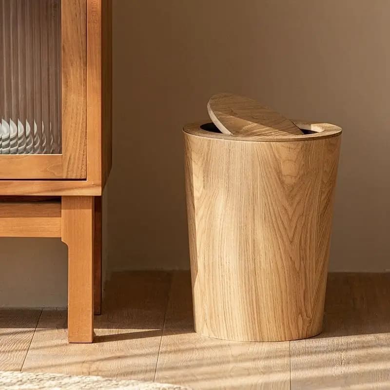 Cestino per Rifiuti in Legno Massello Minimalista Giapponese - Cestino con Coperchio a Ribalta per Ryokan, Hotel, Soggiorno, Camera da Letto, Casa Elegante