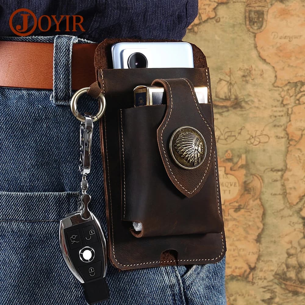 Custodia per fondina per cellulare in vera pelle JOYIR con custodia ad anello per cintura marsupio sportivo da viaggio Vintage con portachiavi