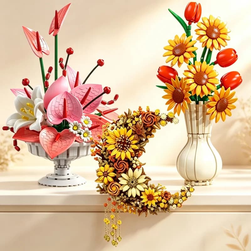 Building block flower set, sunflower, red palm, autumn flower ring bouquet building block with vase, home decoration creative as