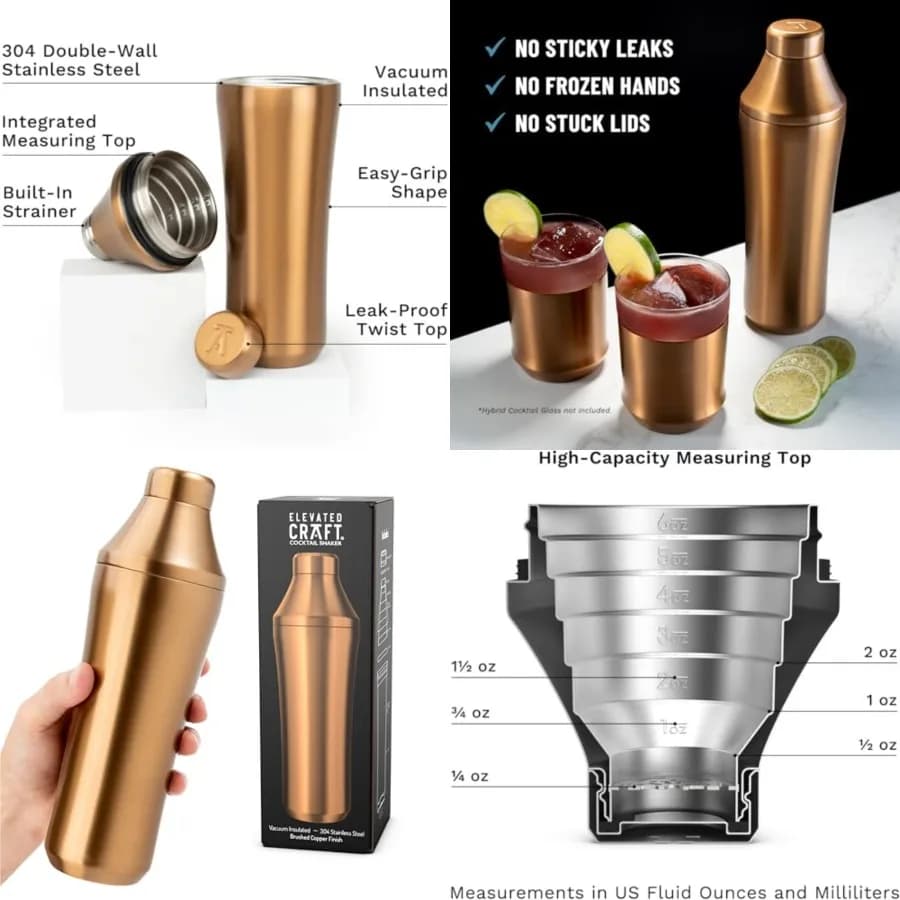 Shaker per Cocktail Ibrido - Shaker per Cocktail in Rame Premium con Isolamento Sottovuoto - Sistema di Misurazione Innovativo - Shaker per Martini per il