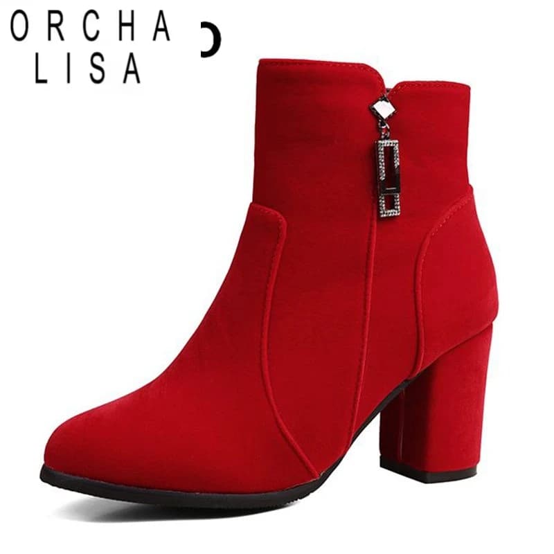 ORCHA LISA Stivaletti femminili maturi Punta tonda Tacchi grossi 7,5 cm Cerniera Decorazione in metallo Plus Size 50 51 52 Donna Bota da sposa