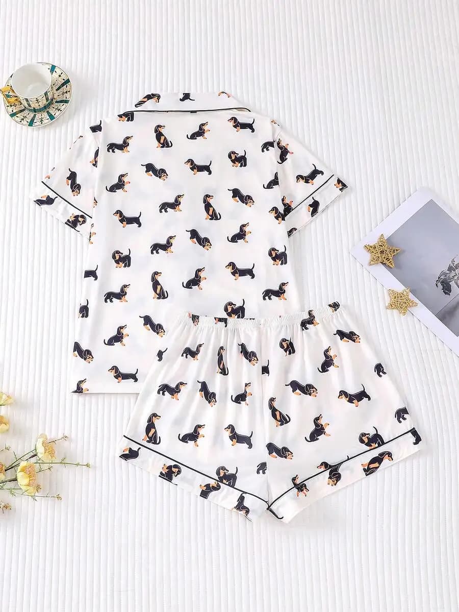 Women Sausage Dog Print Short Sleeve Collared Pajama Set With Pocket