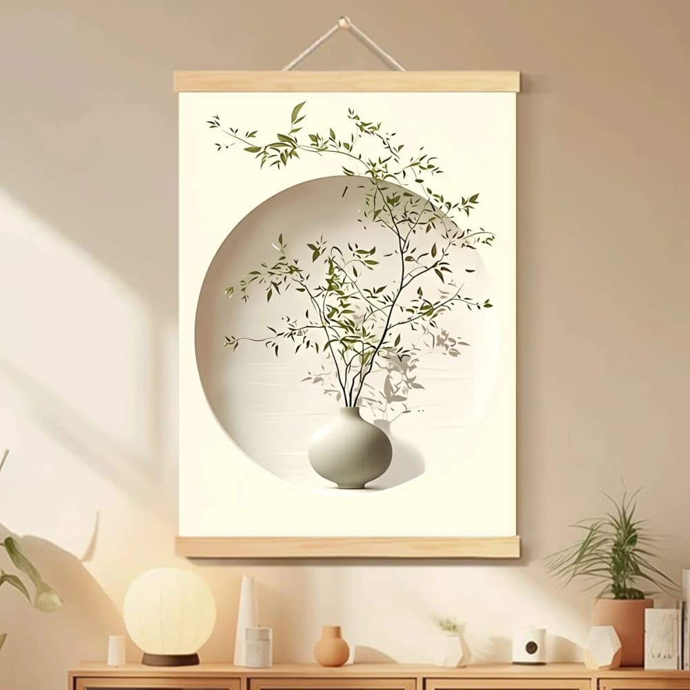 1pc Modern Abstract Vase and Plants Scroll Hanging Canvas Painting Poster Hanger Wall Art,Wood Framed Wall Hanging Decor