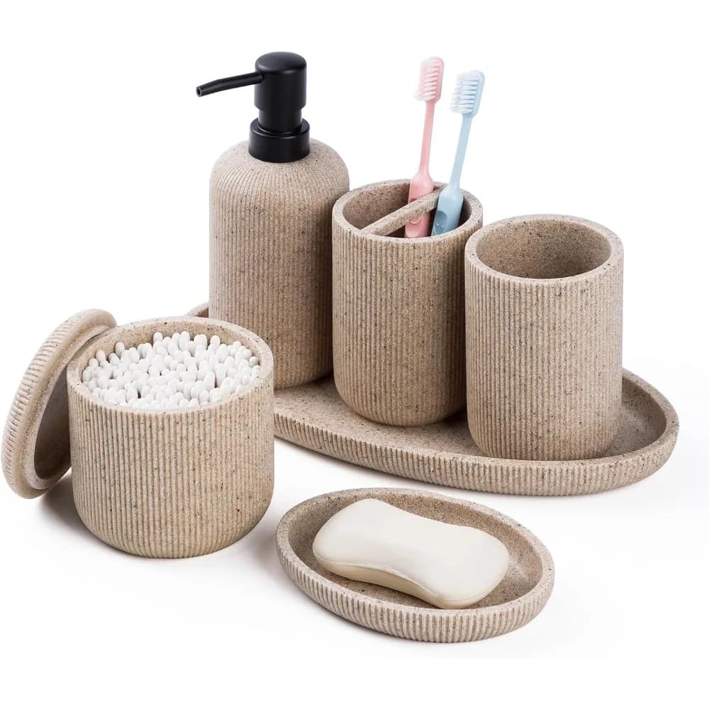 Set di accessori da bagno 6 pezzi, set di accessori da bagno in resina, set porta spazzolino, dispenser di sapone, vassoio da trucco, batuffolo di cotone