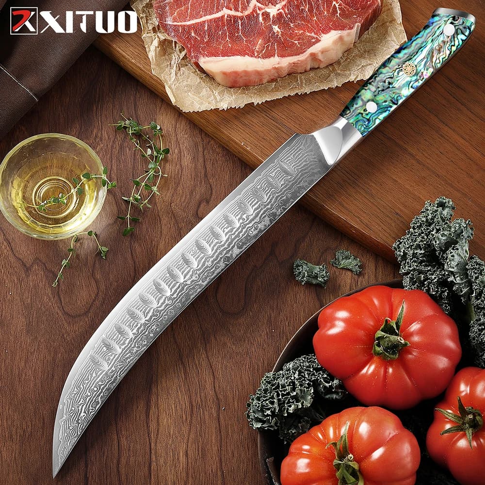 Coltello da macellaio 10 pollici giapponese VG10 damasco Super Steel Cimitar Breaking Knife coltello da cucina per barbecue trattato sottovuoto manico pieno