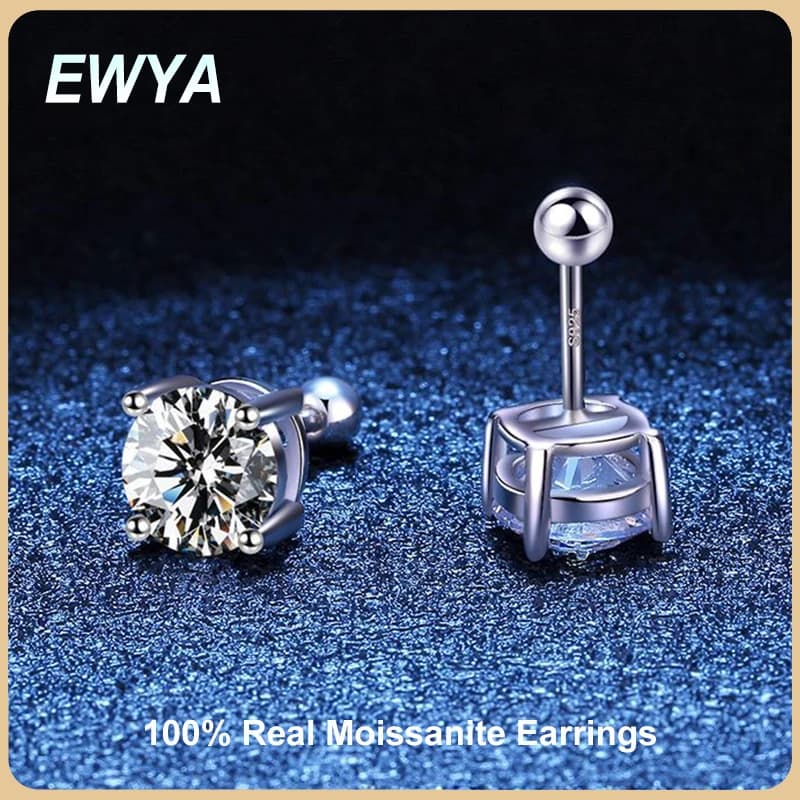 EWYA S925 Sterling Silver D Color 1 Carat Moissanite Screw Earrings For Women Fine Jewelry 18K Plated 4 Prong Party Earring Gift