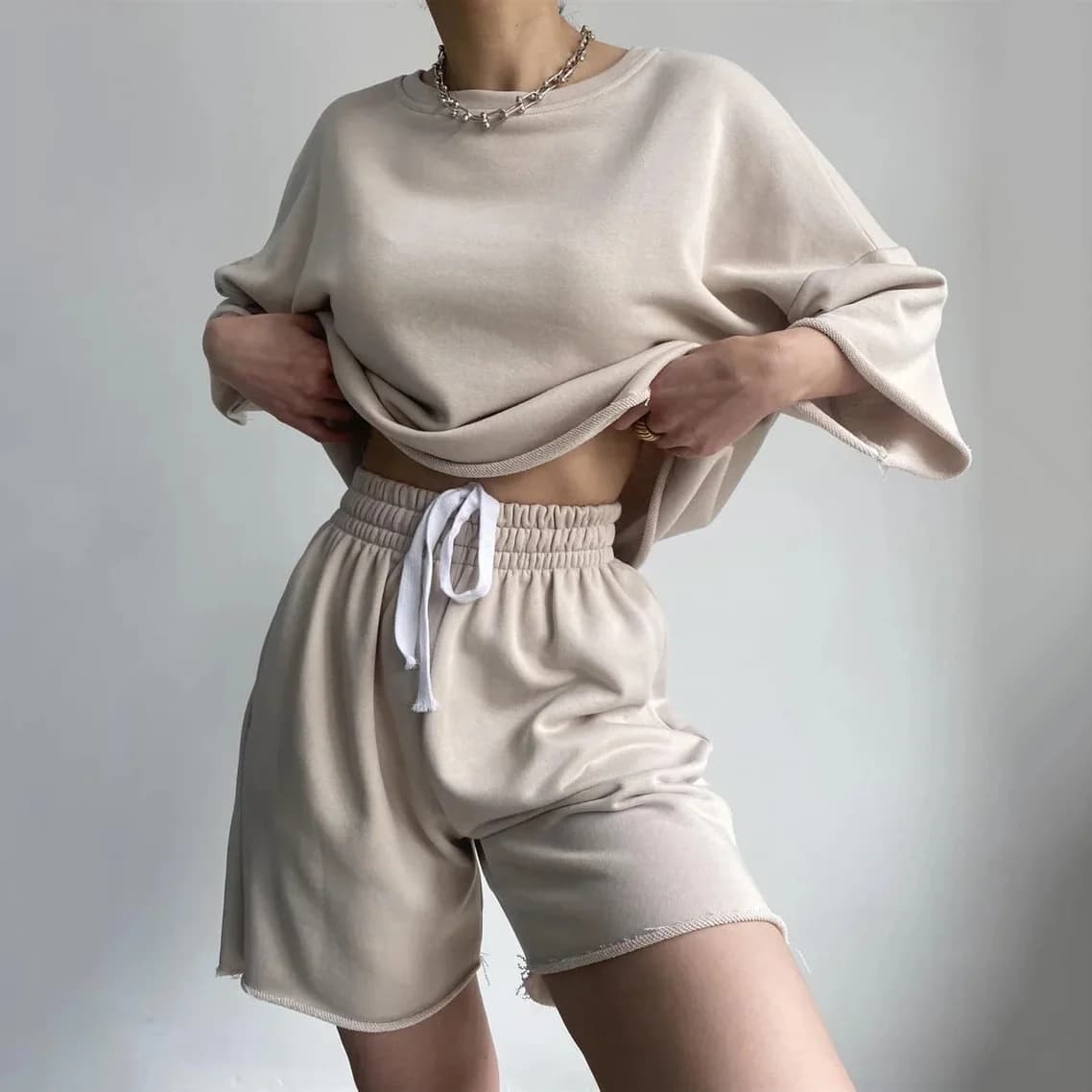 Loose Casual Summer Sportswear Set Women's High Waist Short Shorts Drawstring Half Sleeve T-Shirt Breathable Comfortable