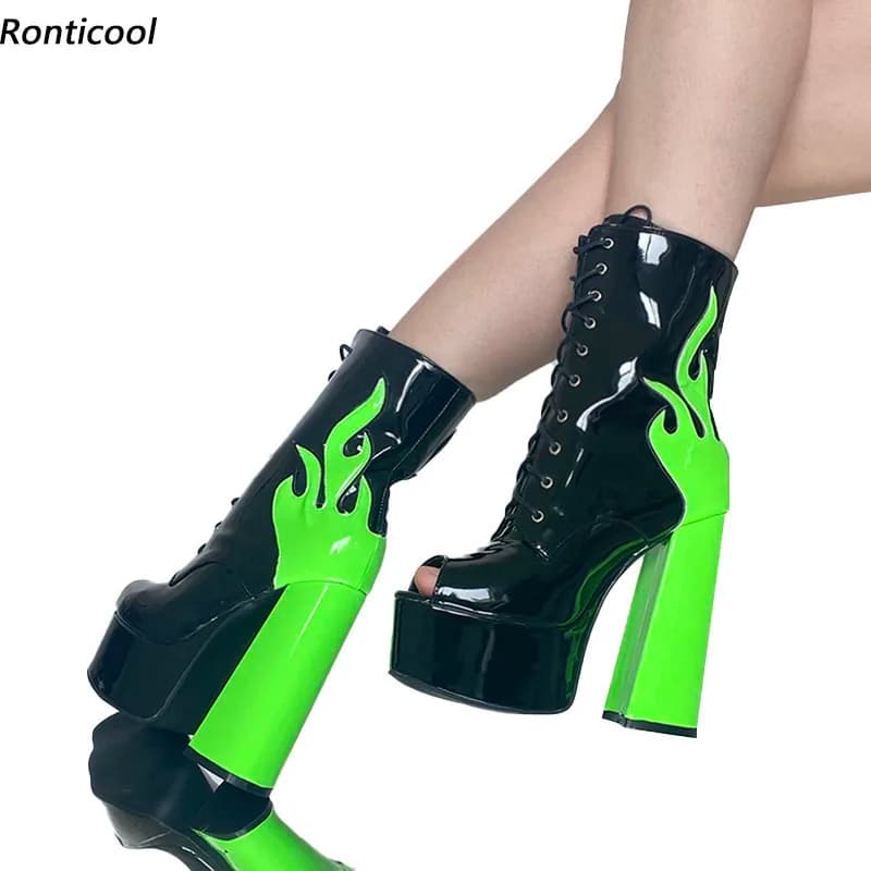 Ronticool Donna Primavera Stivaletti con plateau Lace Up Tacchi grossi Peep Toe Favoloso verde rosso Punk Street Shoes Plus US Size 5-15