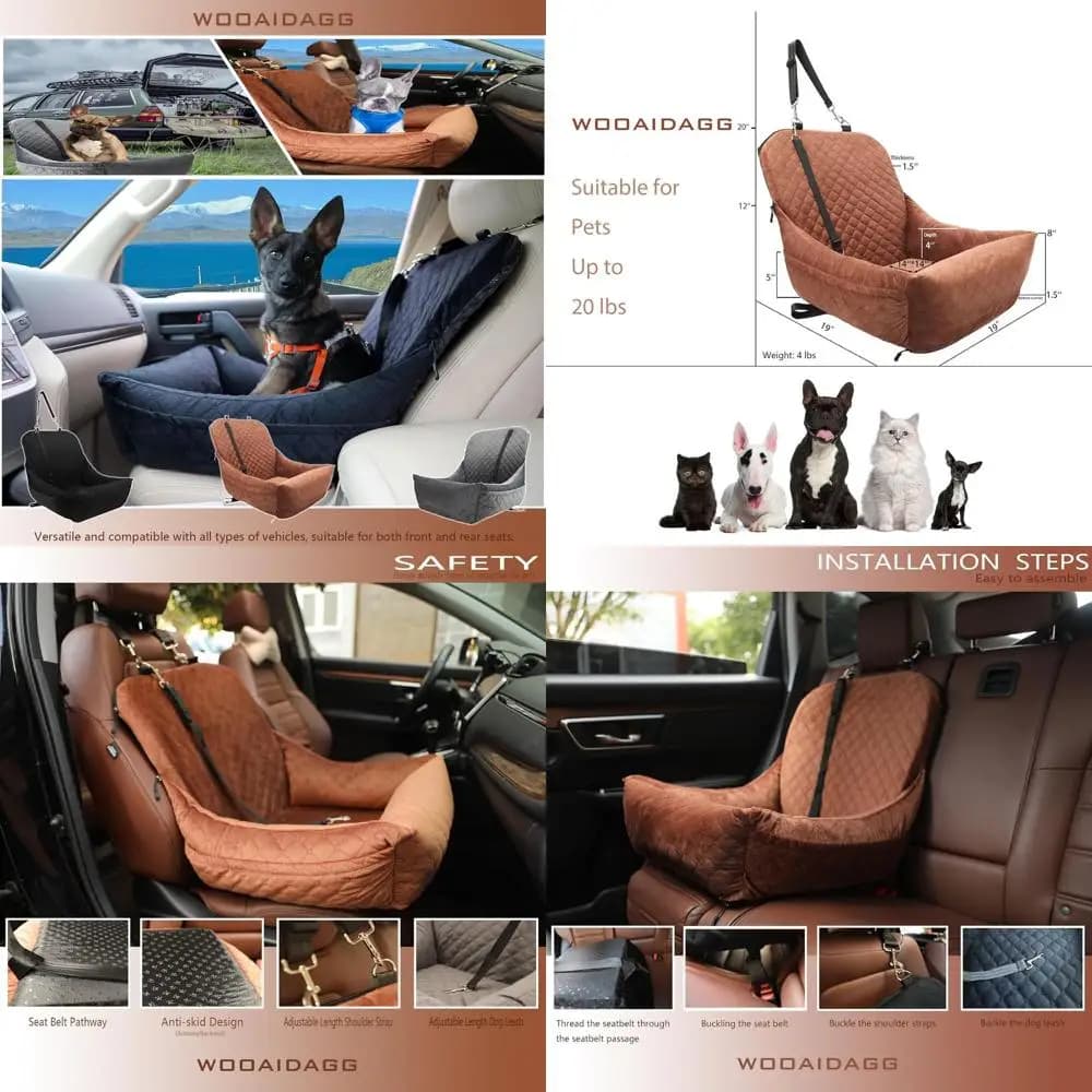 Seggiolino auto per cani imbottito in memory foam per razze piccole, staccabile con 2 guinzagli di sicurezza e tasche (marrone)
