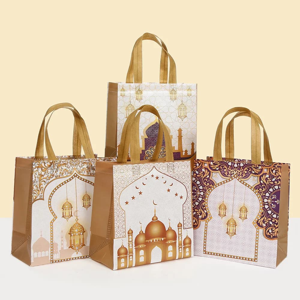 6 pezzi borsa da imballaggio regalo in tessuto non tessuto a tema Eid Mubarak borse per la spesa con castello lunare dorato per la decorazione del partito musulmano islamico del Ramadan