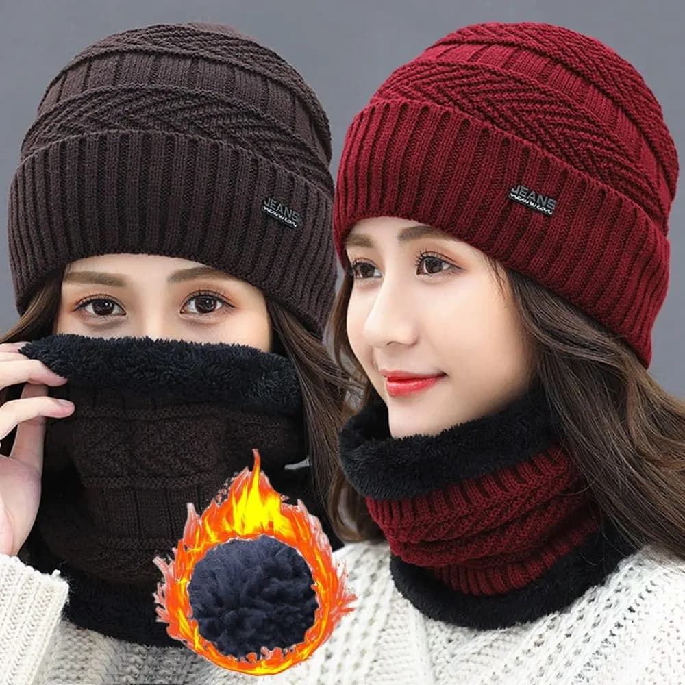 Warm Soft Fleece Knitted Hat Balaclava Neck Scarf Cap Beanie Hat Scarf