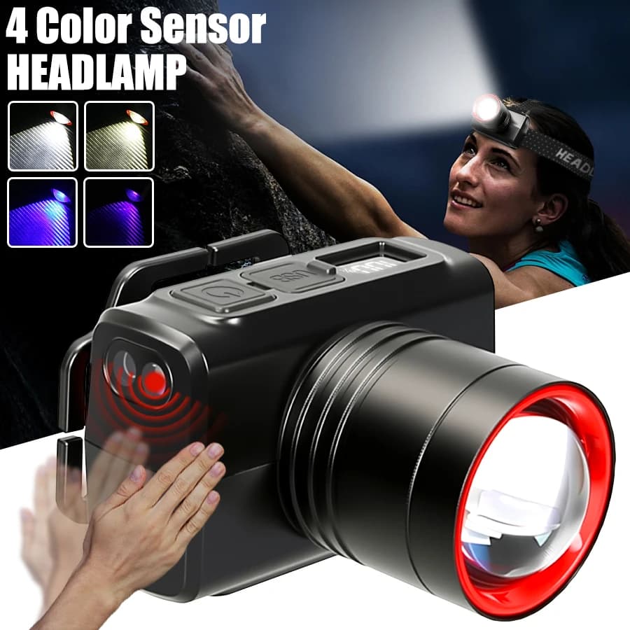 Potente lampada frontale a 4 LED con luce UV Lampada frontale ricaricabile tramite USB con 9 modalità di illuminazione Lampada da lavoro portatile per pesca ed escursionismo