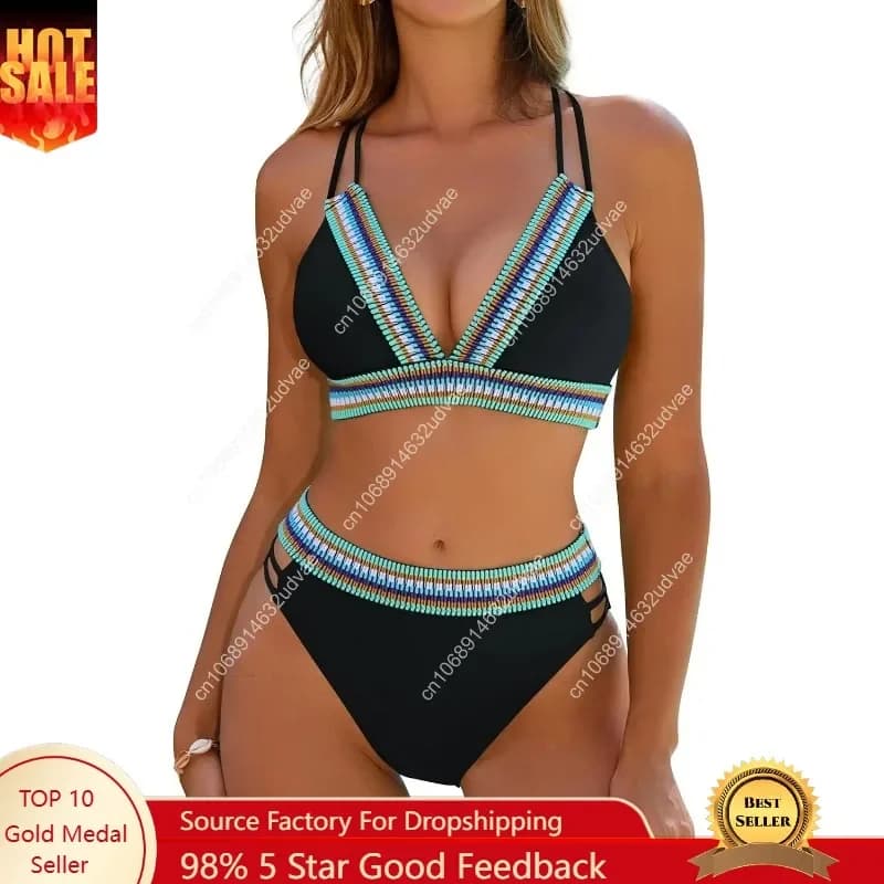 Blooming Jelly Womens High Waisted Bikini Sets Color Block Two Piece Swimsuit V Neck Crisscross Back Bathing Suit