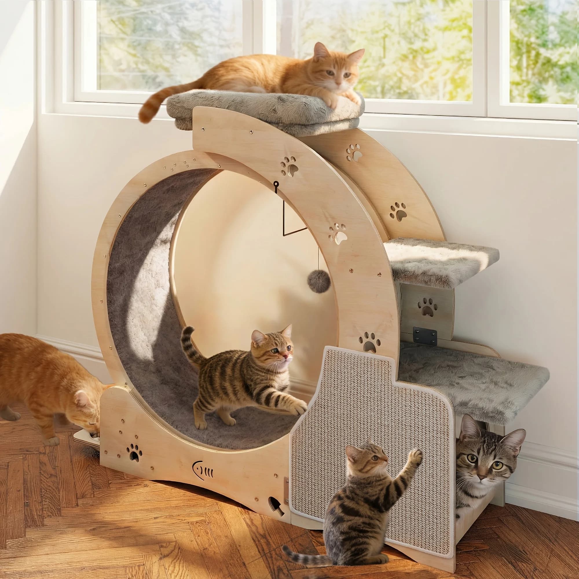 FOOWIN Cat Wheel, ruota per esercizi per gatti da interno da 40 pollici, tapis roulant per gatti con cuccia, tiragraffi per gatti, casetta per gatti, scala per gatti e ciotola per gatti
