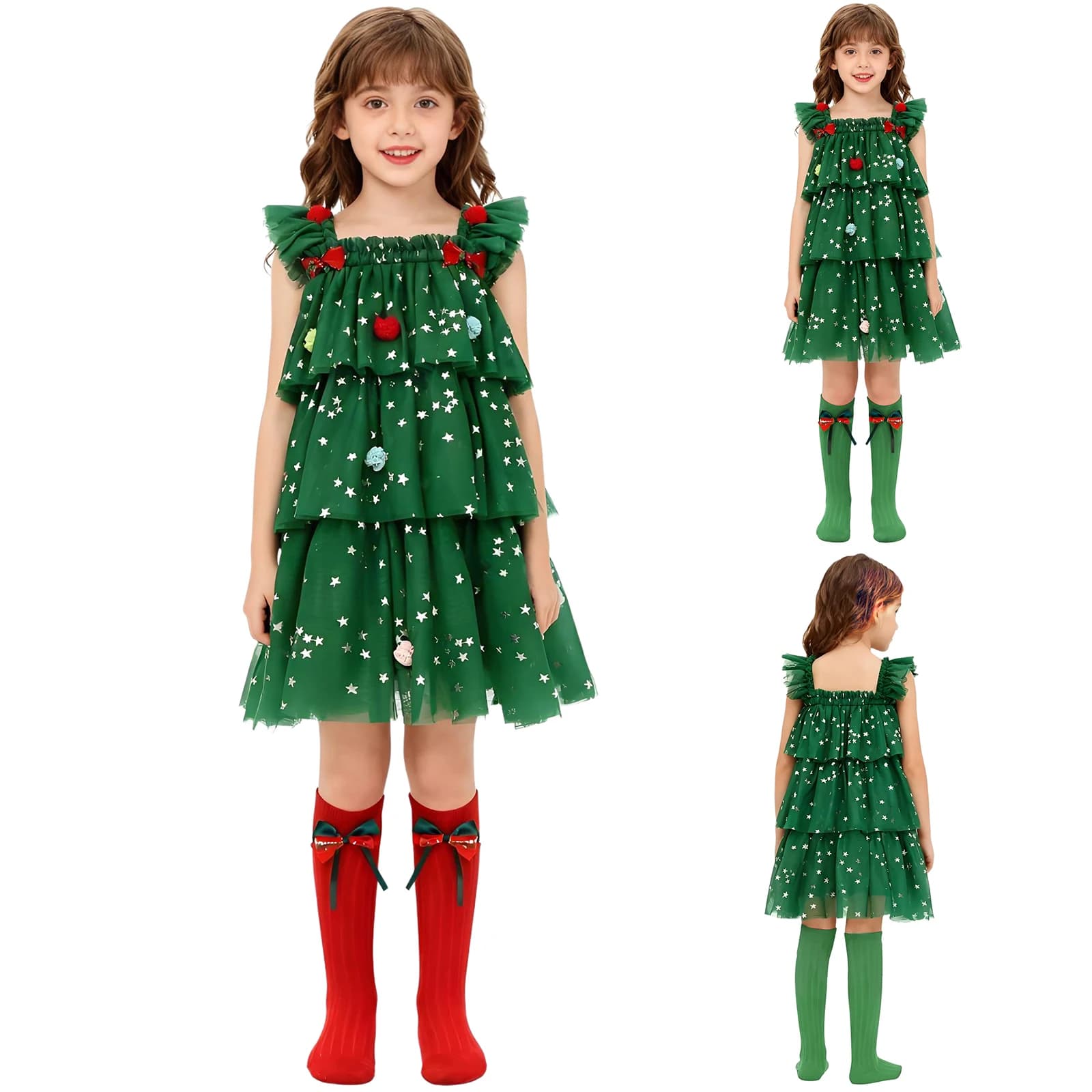 Abito da principessa per albero di Natale per ragazze, con stampa di stelle dorate, spalline, abito in tulle a strati con calzini per la festa di Capodanno